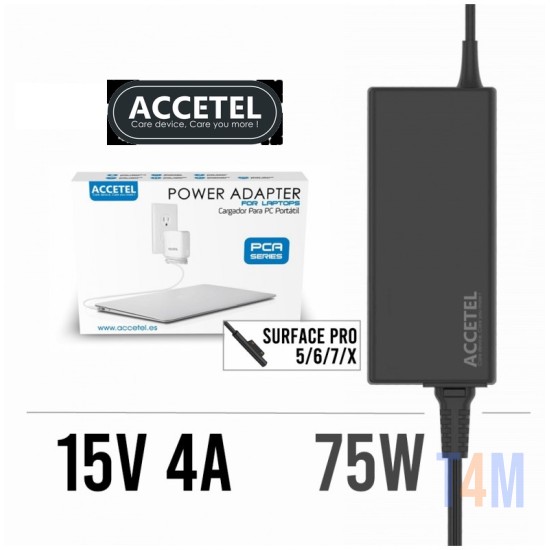 ACCETEL POWER ADAPTER A-137 65W 15V 4A CARREGADOR, SURFACE PRO / 3/4/5/6 COM PORTA USB E CABO DE EXTENSÃO DE ALIMENTAÇÃO